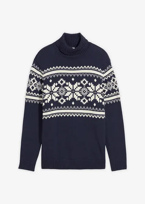 Norweger-Pullover aus reiner Baumwolle in blau von vorne - bonprix
