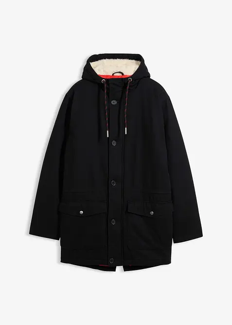 Winter-Parka mit Teddy-Kapuze in schwarz von vorne - bonprix