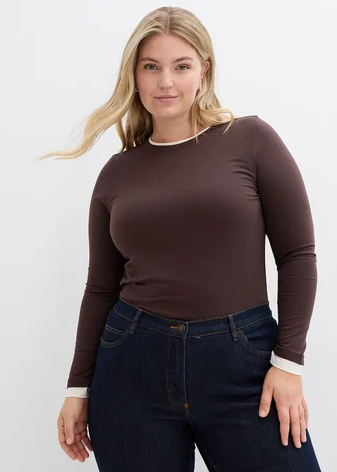 Langarmshirt aus Baumwollmix in braun von vorne (im Anschnitt) - bonprix