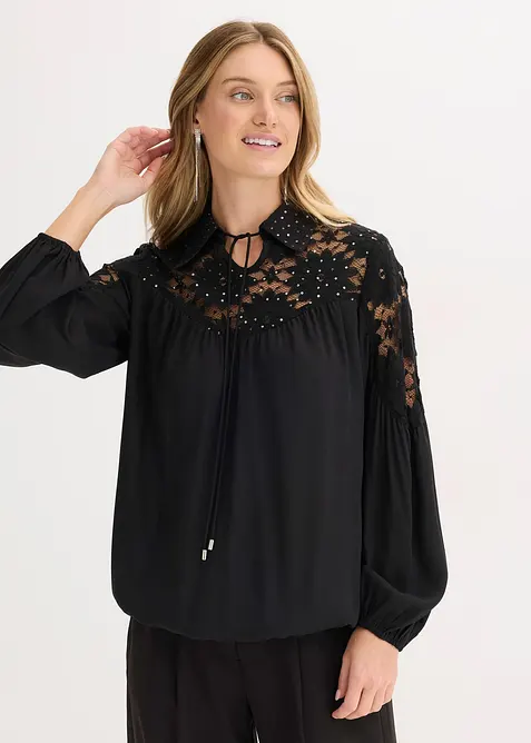 Schlupfbluse mit Spitze in schwarz von vorne (im Anschnitt) - bonprix