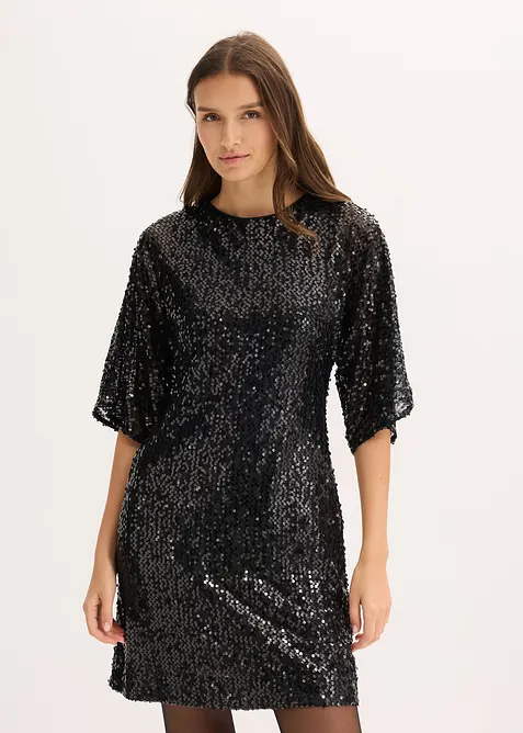 Paillettenkleid mit Schleifendetail in schwarz von vorne (Totalaufnahme) - bonprix