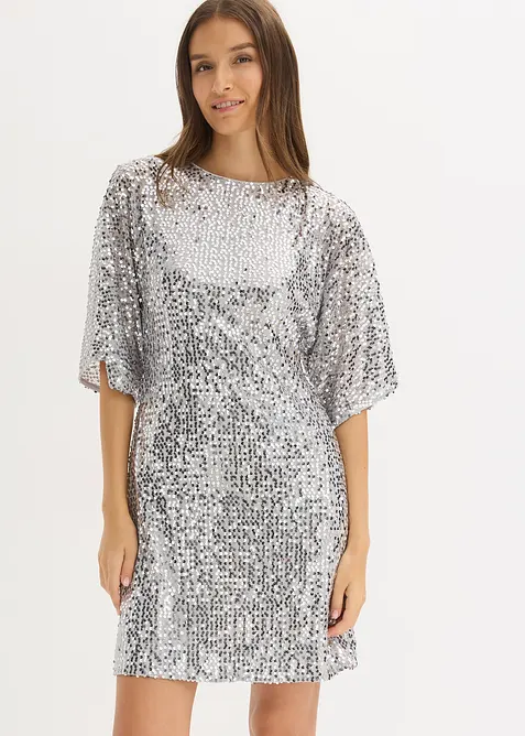 Paillettenkleid mit Schleifendetail in silber von vorne (Totalaufnahme) - bonprix