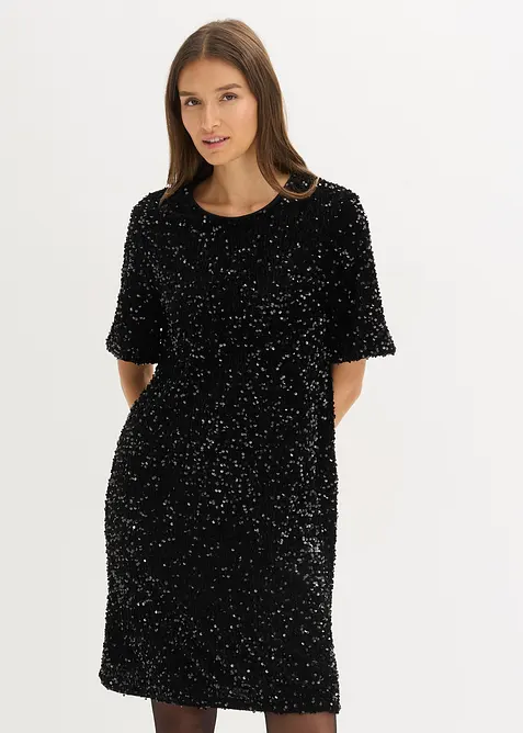 Minikleid mit Pailletten in schwarz von vorne (Totalaufnahme) - bonprix