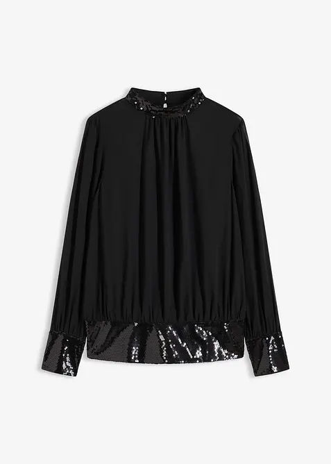 Blusenshirt aus feinem Tüll mit Pailletten in schwarz von vorne - bonprix