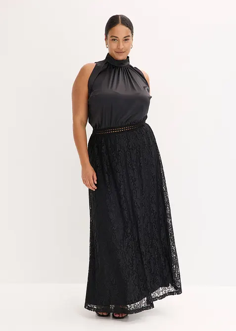 Maxikleid mit Spitzen-Rock in schwarz von vorne (Totalaufnahme) - bonprix