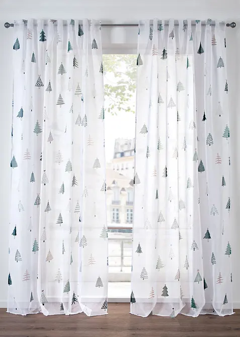 Gardine mit Tannenbaum-Druck mit recyceltem Polyester (1er Pack) in weiß - bonprix