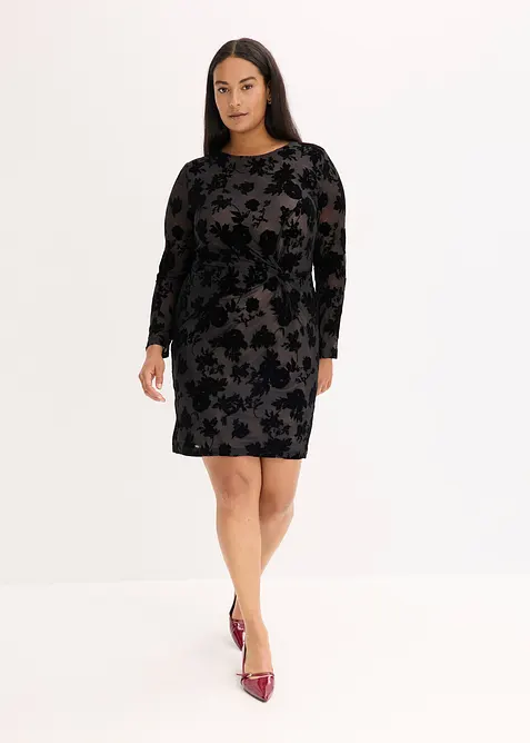 Minikleid aus feinem Mesh mit Flockprint in schwarz von vorne (Totalaufnahme) - bonprix