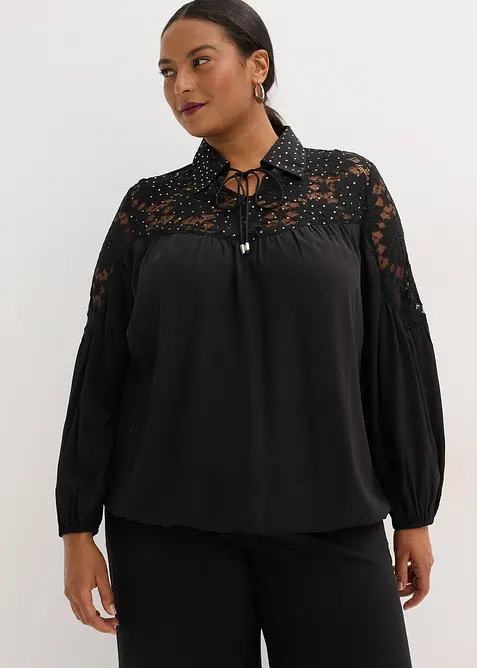 Schlupfbluse mit Spitze in schwarz von vorne (im Anschnitt) - bonprix