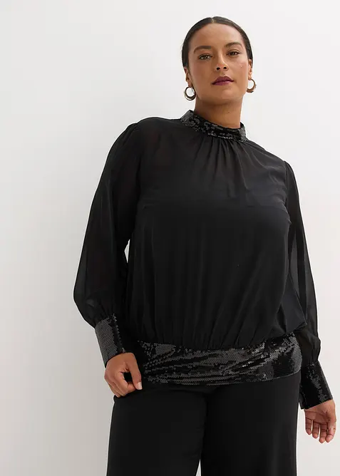 Blusenshirt aus feinem Tüll mit Pailletten in schwarz von vorne (im Anschnitt) - bonprix