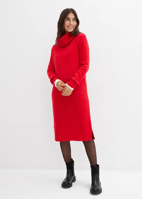 Oversize-Strickkleid mit Rollkragen in rot von vorne (Totalaufnahme) - bonprix