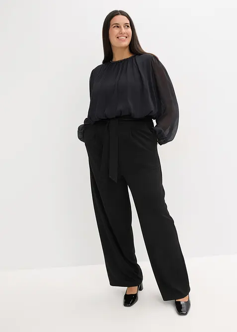Chiffon Jumpsuit mit Bindeband in schwarz von vorne (Totalaufnahme) - bonprix