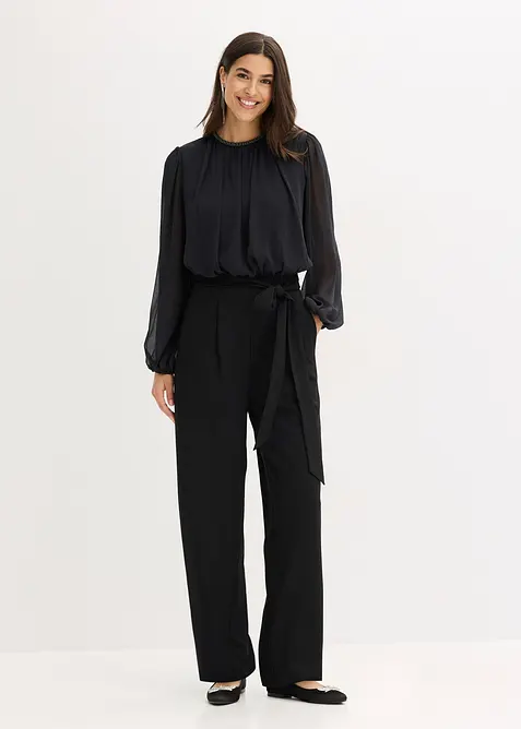 Chiffon Jumpsuit mit Bindeband in schwarz von vorne (Totalaufnahme) - bonprix