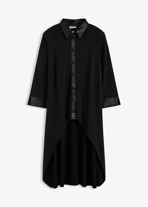 Jersey Bluse mit Satinbesätzen in schwarz von vorne - bonprix
