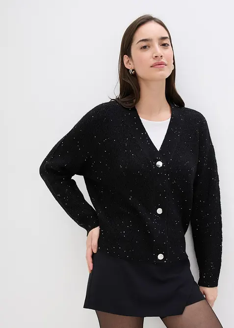 Ajour-Strickjacke mit Knopfreihe in schwarz von vorne (im Anschnitt) - bonprix