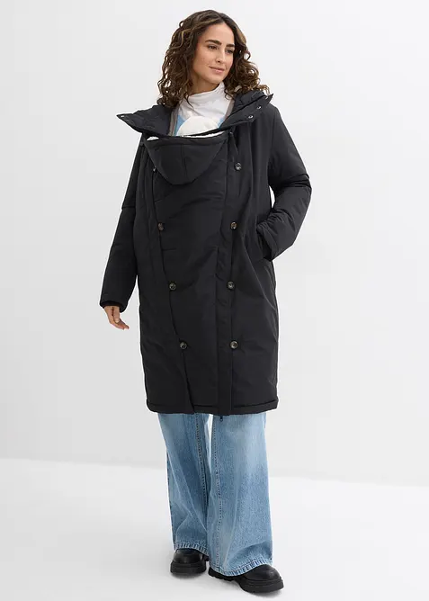 3-in-1 wattierter Umstandsmantel mit Trageeinsatz in schwarz von vorne (Totalaufnahme) - bonprix
