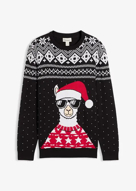 Feinstrickpullover mit Weihnachtsmotiv in schwarz von vorne - bonprix