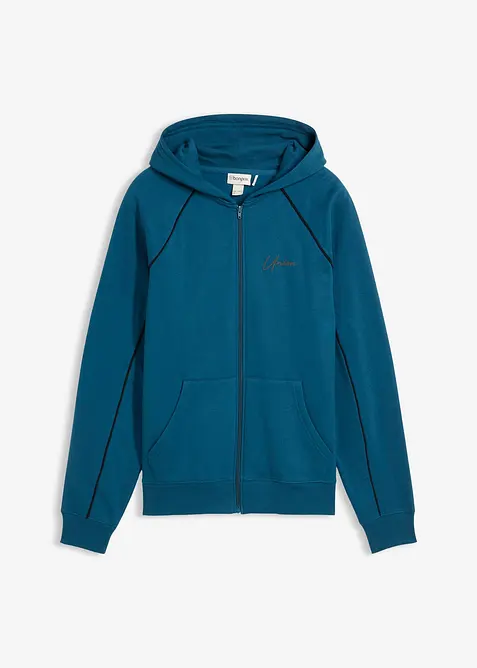 Kapuzen-Sweatjacke aus reiner Baumwolle in petrol von vorne - bonprix