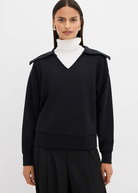 Scuba-Shirt mit breitem Kragen aus Viskose-Mix in schwarz von vorne (im Anschnitt) - bonprix