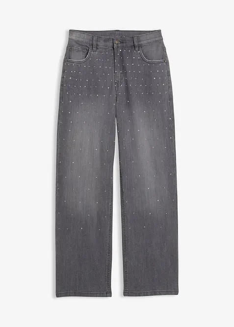 Wide-Leg-Jeans mit Strasssteinen Mid Waist in grau von vorne - bonprix