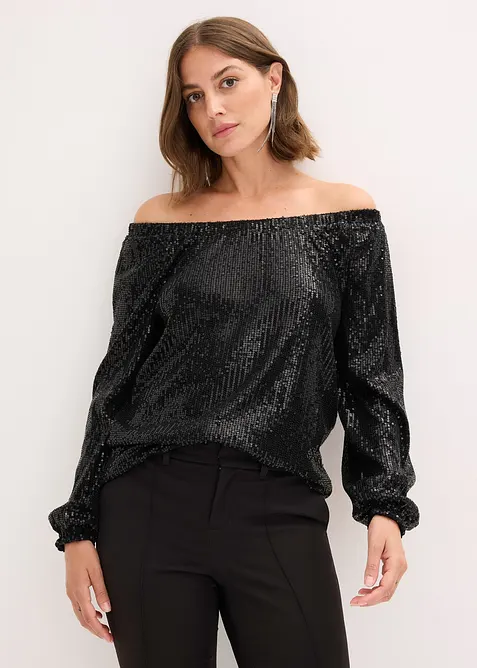 Carmenshirt, Oversized mit Pailletten in schwarz von vorne (im Anschnitt) - bonprix