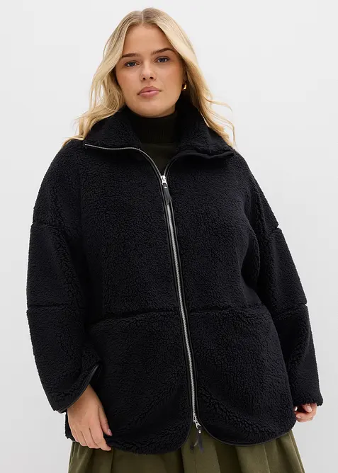 Oversize Teddy-Fleece Jacke in schwarz von vorne (im Anschnitt) - bonprix