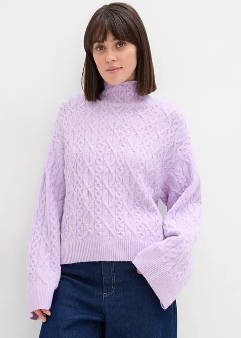 Strickpullover mit Zopfmuster in lila von vorne (im Anschnitt) - bonprix