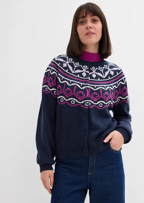 Oversize Norweger-Strickjacke in blau von vorne (im Anschnitt) - bonprix