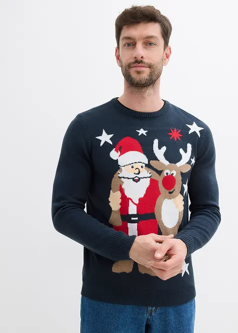 Feinstrickpullover mit Weihnachtsmotiv in blau von vorne (im Anschnitt) - bonprix