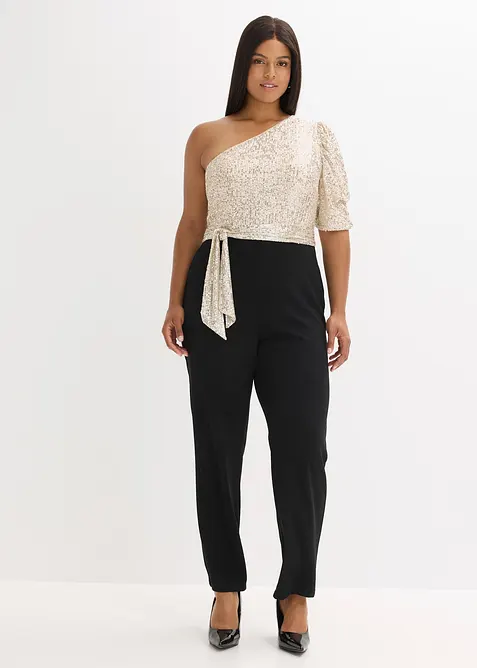 One-Shoulder-Jumpsuit mit Pailletten in schwarz von vorne (Totalaufnahme) - bonprix