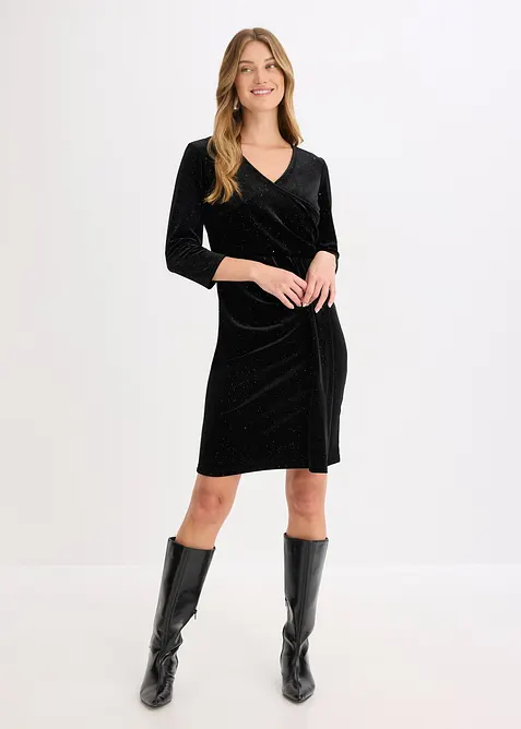 Kleid aus Glitzersamt in Wickeloptik in schwarz von vorne (Totalaufnahme) - bonprix