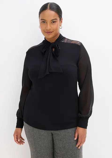 Schluppenshirt mit Spitze in schwarz von vorne (im Anschnitt) - bonprix