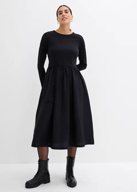 Kleid im Materialmix aus reiner Baumwolle in schwarz von vorne (Totalaufnahme) - bonprix