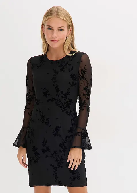 Figurbetontes Minikleid mit Mesh in schwarz von vorne (Totalaufnahme) - bonprix