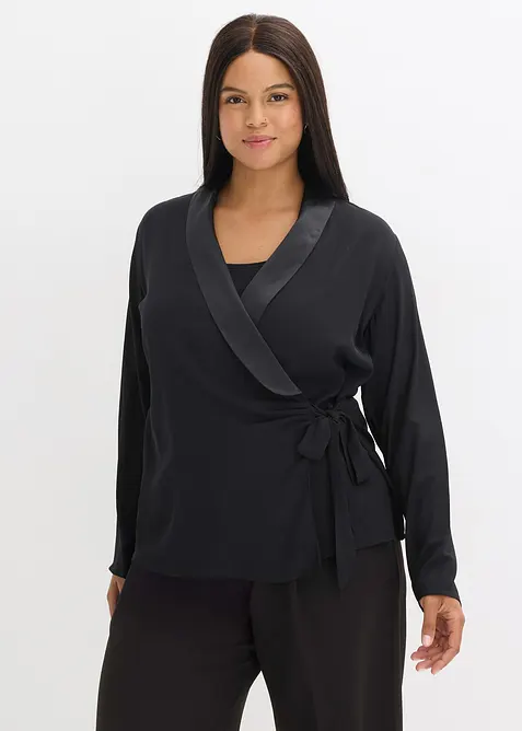 Wickelbluse mit seitlicher Schleife in schwarz von vorne (im Anschnitt) - bonprix