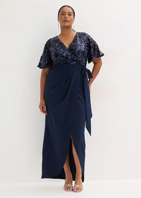Maxikleid mit Paillettenstickerei in blau von vorne (Totalaufnahme) - bonprix