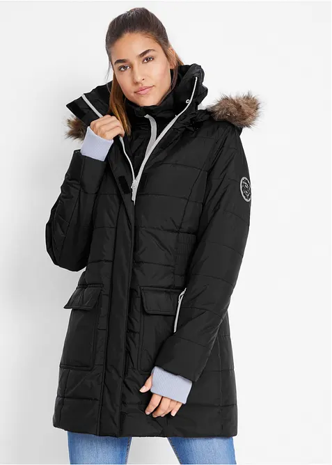 wasserabweisende Funktions-Longjacke in 2-in-1-Optik, gesteppt in schwarz von vorne (im Anschnitt) - bonprix