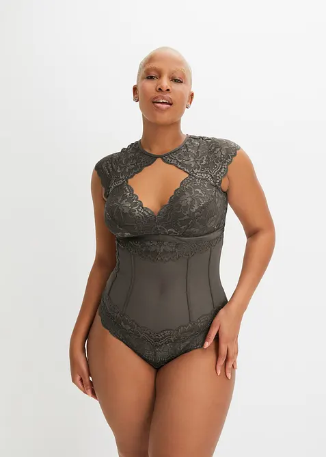 Body mit feiner Spitze in grau von vorne (Totalaufnahme) - bonprix