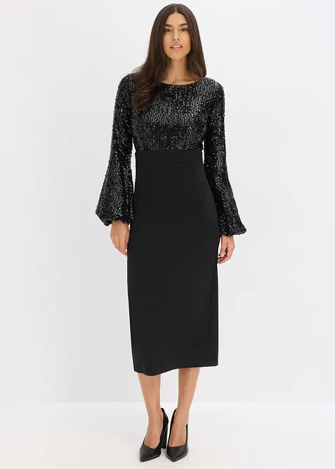 Midikleid mit Pailletten in schwarz von vorne (Totalaufnahme) - bonprix