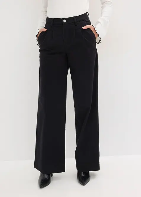 Wide-Leg Bundfalten-Hose mit Bequembund in schwarz von vorne - bonprix
