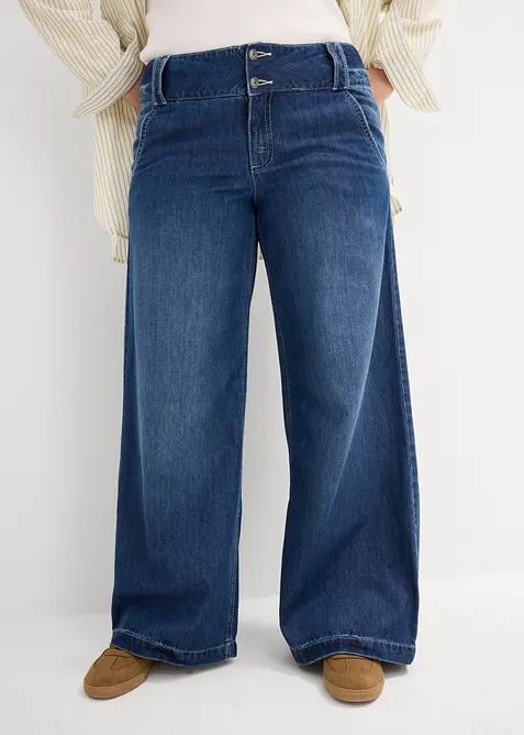Wide-Leg-Jeans Mid Waist, Super Soft in blau von vorne - bonprix