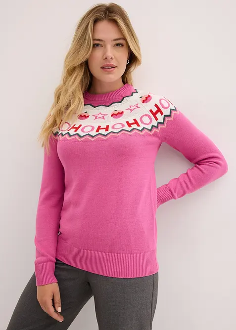 Pullover mit Weihnachtsmotiv in pink von vorne (im Anschnitt) - bonprix