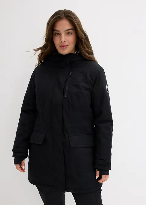 wasserdichte Funktions-Parka mit Teddyfleece in der Kapuze in schwarz von vorne (im Anschnitt) - bonprix
