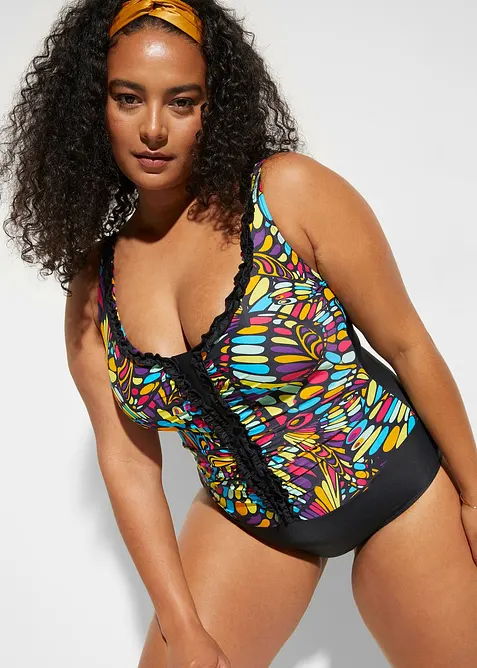 Medium Shape-Badeanzug mit Rüschen in schwarz von vorne (Totalaufnahme) - bonprix