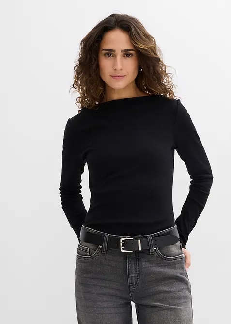 Figurbetontes Rippshirt in schwarz von vorne (im Anschnitt) - bonprix