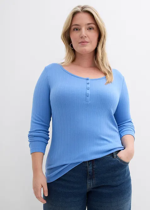 Geripptes Langarmshirt in blau von vorne (im Anschnitt) - bonprix