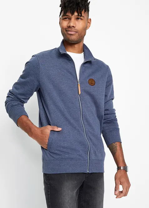 Stehkragen-Sweatjacke aus weichem Baumwoll-Mix in blau von vorne (im Anschnitt) - bonprix