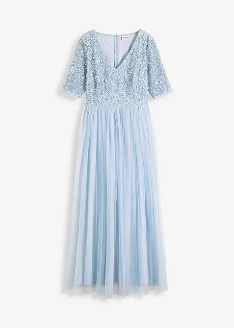 Abendkleid aus zartem Tüll mit Paillettenstickerei in blau von vorne - bonprix