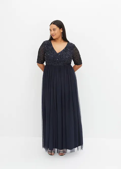 Abendkleid aus zartem Tüll mit Paillettenstickerei in blau von vorne (Totalaufnahme) - bonprix