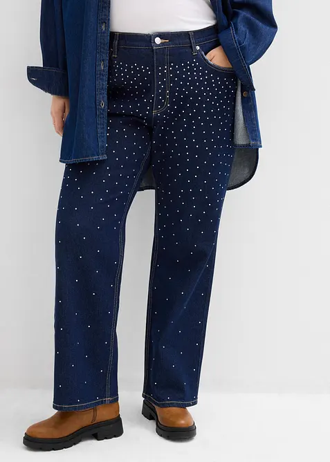 Straight-Jeans Mid Waist mit Strass in blau von vorne - bonprix