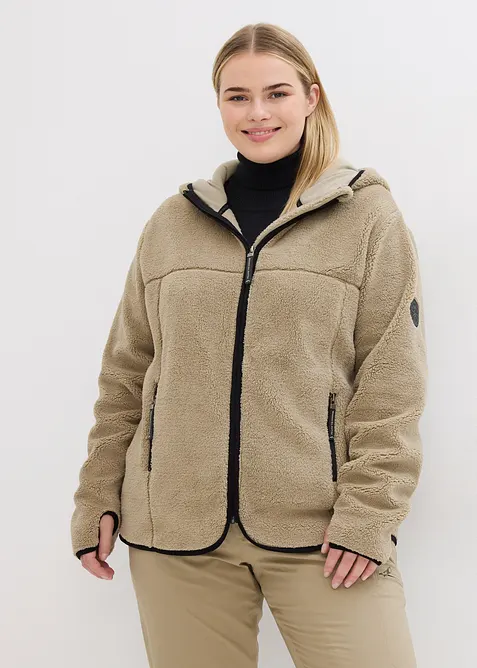 Teddy-Fleece Jacke mit Kapuze in grün von vorne (im Anschnitt) - bonprix